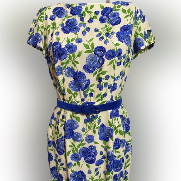1950s/60s Blue Floral Vintage Knee Length Dress - Picture 2 of 10